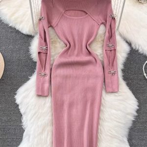 This Autumn And Winter Sexy Long Sleeve Round Neck Hollow Slim Waist Slim Fit Knitting Bodycon Basic Dress Combine The Warm And Fashion. It Is a Must-Have Item For This Winter. Sweater Dresses For Women At Global Lover Comes For Different Occasions - Daily Life