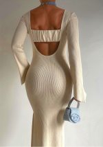 This Autumn And Winter Shionable Low Back Round Neck Long-Sleeved Knitting Dress For Women Combine The Warm And Fashion. It Is a Must-Have Item For This Winter. Sweater Dresses For Women At Global Lover Comes For Different Occasions - Daily Life