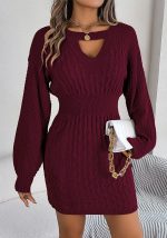 This Autumn And Winter Solid Color Hollow Lantern Sleeve Bodycon Sweater Dress Women's Clothing Combine The Warm And Fashion. It Is a Must-Have Item For This Winter. Sweater Dresses For Women At Global Lover Comes For Different Occasions - Daily Life