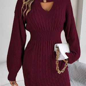 This Autumn And Winter Solid Color Hollow Lantern Sleeve Bodycon Sweater Dress Women's Clothing Combine The Warm And Fashion. It Is a Must-Have Item For This Winter. Sweater Dresses For Women At Global Lover Comes For Different Occasions - Daily Life