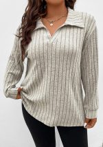 This Autumn And Winter Solid Color Plus Size Women's Top v-Neck Turndown Collar Long-Sleeved Ribbed t-Shirt Made Of Comfortable And Elastic Fabric. It Is Wholesale Sexy Plus Size Tops For Women. With The Gradual Rise Of Feminist Awareness