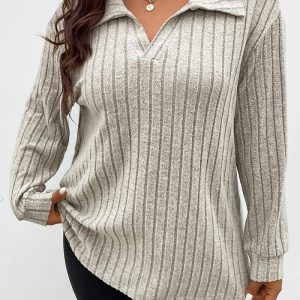 This Autumn And Winter Solid Color Plus Size Women's Top v-Neck Turndown Collar Long-Sleeved Ribbed t-Shirt Made Of Comfortable And Elastic Fabric. It Is Wholesale Sexy Plus Size Tops For Women. With The Gradual Rise Of Feminist Awareness