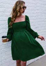 This Autumn And Winter Square Neck Lantern Sleeve Maternity Dress Design Made Of High Quality Polyster And Spandex Material. It Is Stretchy