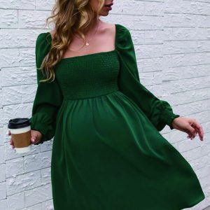 This Autumn And Winter Square Neck Lantern Sleeve Maternity Dress Design Made Of High Quality Polyster And Spandex Material. It Is Stretchy