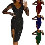 This Autumn And Winter Women Clothes Sequin v-Neck Bodycon Sexy Mesh Dress Design Made Of Good Quality Polyster And Spandex Material