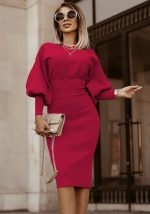 This Autumn And Winter Women's Solid Color Lantern Sleeves Slim Waist Midi Bodycon Dress Design Made Of High Quality Polyster And Spandex Material. It Come With Good Stretch And Wearing Comfortable. Women¡¯s Midi Dresses Is Omnipotent And Suit For All Kinds Of Occasions - Daily Wear