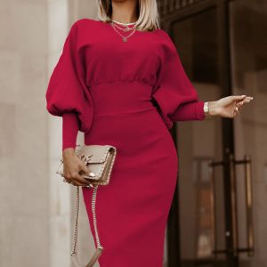 This Autumn And Winter Women's Solid Color Lantern Sleeves Slim Waist Midi Bodycon Dress Design Made Of High Quality Polyster And Spandex Material. It Come With Good Stretch And Wearing Comfortable. Women¡¯s Midi Dresses Is Omnipotent And Suit For All Kinds Of Occasions - Daily Wear