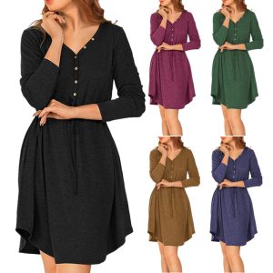 This Autumn And Winter Women's Solid Color v-Neck Fashion Long Sleeve Button Belted Casual Dress Design Made Of High Quality Polyster And Spandex Material. It Is Stretchy