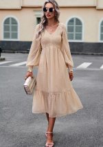 This Autumn And Winter Women's Chic Elegant v-Neck Jacquard Long Dress Design Made Of High Quality Polyster And Spandex Material. It Is Stretchy