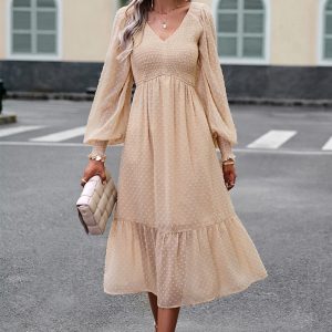 This Autumn And Winter Women's Chic Elegant v-Neck Jacquard Long Dress Design Made Of High Quality Polyster And Spandex Material. It Is Stretchy