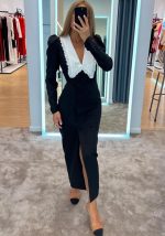 This Autumn And Winter Women's Clothing Trends Black And White Contrast Slit Maxi Dress Peter Pan Collar Long Sleeve French Dress Design Made Of High Quality Polyster And Spandex Material. It Is Stretchy