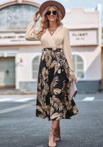 This Autumn And Winter Women's Fashion Print Patchwork v-Neck Tied Long-Sleeved Casual Dress Design Made Of High Quality Polyster And Spandex Material. It Is Stretchy