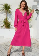 This Autumn And Winter Women's Fashion Slim Chic v-Neck Pleated a-Line Midi Dress Design Made Of High Quality Polyster And Spandex Material. It Come With Good Stretch And Wearing Comfortable. Women¡¯s Midi Dresses Is Omnipotent And Suit For All Kinds Of Occasions - Daily Wear