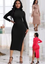 This Autumn And Winter Women's Long Sleeve Slim Fit High Collar Sexy Side Slit Irregular Slim Dress Nightclub Women's Clothing Design Made Of High Quality Polyster And Spandex Material. It Come With Good Stretch And Wearing Comfortable. Women¡¯s Midi Dresses Is Omnipotent And Suit For All Kinds Of Occasions - Daily Wear