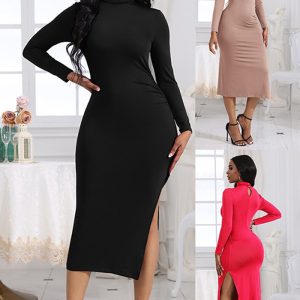 This Autumn And Winter Women's Long Sleeve Slim Fit High Collar Sexy Side Slit Irregular Slim Dress Nightclub Women's Clothing Design Made Of High Quality Polyster And Spandex Material. It Come With Good Stretch And Wearing Comfortable. Women¡¯s Midi Dresses Is Omnipotent And Suit For All Kinds Of Occasions - Daily Wear