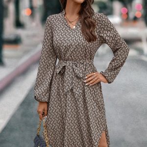 This Autumn And Winter Women's Printed Long Sleeve Belt Casual Dress Design Made Of High Quality Polyster And Spandex Material. It Is Stretchy