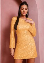 This Autumn And Winter Women's Sequin Bell Bottom Sleeve Fashion Casual Dress Design Made Of High Quality Polyster And Spandex Material. It Is Stretchy