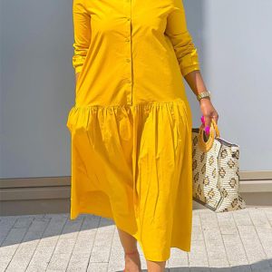 This Autumn And Winter Women's Solid Color Turndown Collar Single-Breasted Long Dress Design Made Of High Quality Polyster And Spandex Material. It Come With Good Stretch And Wearing Comfortable. Women¡¯s Midi Dresses Is Omnipotent And Suit For All Kinds Of Occasions - Daily Wear