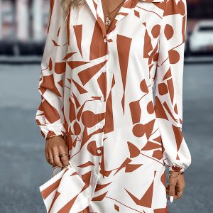 This Autumn And Winter Women's Turndown Collar Lantern Sleeve Printed Dress Design Made Of High Quality Polyster And Spandex Material. It Is Stretchy