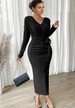 This Autumn And Winter Women's v-Neck Long-Sleeved Knitting Dress With Belt Design Made Of High Quality Polyster And Spandex Material. It Come With Good Stretch And Wearing Comfortable. Women¡¯s Midi Dresses Is Omnipotent And Suit For All Kinds Of Occasions - Daily Wear