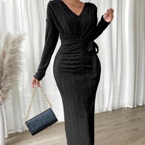 This Autumn And Winter Women's v-Neck Long-Sleeved Knitting Dress With Belt Design Made Of High Quality Polyster And Spandex Material. It Come With Good Stretch And Wearing Comfortable. Women¡¯s Midi Dresses Is Omnipotent And Suit For All Kinds Of Occasions - Daily Wear