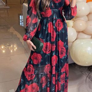 This Autumn Beach Chiffon Floral Print Fashion Long Sleeve Maxi Dress Design Made Of High Quality Polyster And Spandex Material