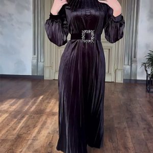 This Autumn Belted Plus Size Women's Fashion Pleated Loose Chic Dress Design Made Of High Quality Polyster And Spandex Material. It Is Stretchy