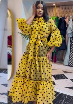 This Autumn Elegant Lady Polka Dot Print Light Yellow Maxi Dress Design Made Of High Quality Polyster And Spandex Material