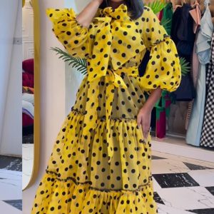 This Autumn Elegant Lady Polka Dot Print Light Yellow Maxi Dress Design Made Of High Quality Polyster And Spandex Material