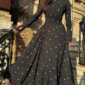 This Autumn Fashion Chic Printed Long Sleeve High Waist Belted Women's Long Dress Design Made Of High Quality Polyster And Spandex Material