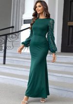 This Autumn Fashion Contrast Color Mesh Lantern Sleeve Mermaid Party Dress Design Made Of Good Quality Polyster And Spandex Material