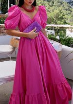 This Autumn Fashion Sexy Short Sleeve v-Neck Solid Color Swing Maxi Dress Design Made Of High Quality Polyster And Spandex Material. It Come With Good Stretch And Wearing Comfortable. Women¡¯s Midi Dresses Is Omnipotent And Suit For All Kinds Of Occasions - Daily Wear