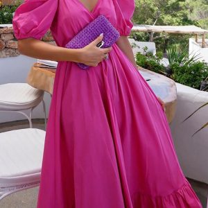 This Autumn Fashion Sexy Short Sleeve v-Neck Solid Color Swing Maxi Dress Design Made Of High Quality Polyster And Spandex Material. It Come With Good Stretch And Wearing Comfortable. Women¡¯s Midi Dresses Is Omnipotent And Suit For All Kinds Of Occasions - Daily Wear