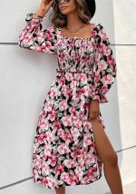 This Autumn French Women's Low Back Long Sleeve Square Neck Foral Printed Slit Dress Design Made Of High Quality Polyster And Spandex Material. It Is Stretchy