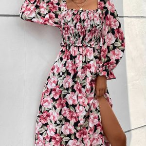 This Autumn French Women's Low Back Long Sleeve Square Neck Foral Printed Slit Dress Design Made Of High Quality Polyster And Spandex Material. It Is Stretchy