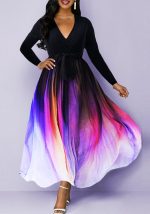 This Autumn Gradient Print Long Sleeve v-Neck Maxi Dress Women's Clothing Design Made Of High Quality Polyster And Spandex Material