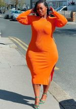 This Autumn Plus Size Women's Ribbed Fashionable And Sexy Chic Slim Long Sleeve Round Neck Dress Made Of Soft And Elastic Fabric. Global Lover Wholesale Plus Size Dresses And Hope Curvy Ladies Find Here a Warm And Exciting Place To Shop Affordable Curvy Dresses Online - Plus Size Casual