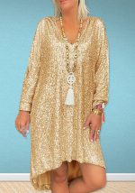 This Autumn Short-Sleeved Casual Solid Color Loose Pullover Sequined v-Neck Long Dress Design Made Of High Quality Polyster And Spandex Material. It Is Stretchy