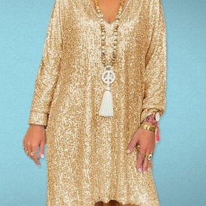 This Autumn Short-Sleeved Casual Solid Color Loose Pullover Sequined v-Neck Long Dress Design Made Of High Quality Polyster And Spandex Material. It Is Stretchy