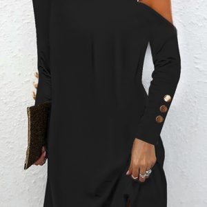 Cette robe d'automne à col licou et boutons métalliques pour femmes est fabriquée en polyester et en élasthanne de haute qualité. Elle est extensible.