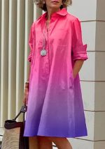 This Autumn Spring Summer Chic Ombre Print Shirt Collar Long Sleeve Pocket Midi Dress Design Made Of High Quality Polyster And Spandex Material. It Come With Good Stretch And Wearing Comfortable. Women¡¯s Midi Dresses Is Omnipotent And Suit For All Kinds Of Occasions - Daily Wear