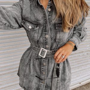 This Autumn Street Trendy Single Breasted Belt Pocket Slim Denim Skirt For Women Design Made Of High Quality Polyster And Spandex Material. It Is Stretchy