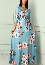 This Autumn Three Quarter Sleeve Floral Printed Women's v Neck Maxi Dress Design Made Of High Quality Polyster And Spandex Material