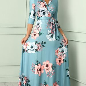 This Autumn Three Quarter Sleeve Floral Printed Women's v Neck Maxi Dress Design Made Of High Quality Polyster And Spandex Material