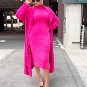 This Autumn Winter Chic Fleece Dress Loose Long Cardigan Jacket Fashion Two Piece Set Design Made Of High Quality Polyster And Spandex Material. It Come With Good Stretch And Wearing Comfortable. Women¡¯s Midi Dresses Is Omnipotent And Suit For All Kinds Of Occasions - Daily Wear