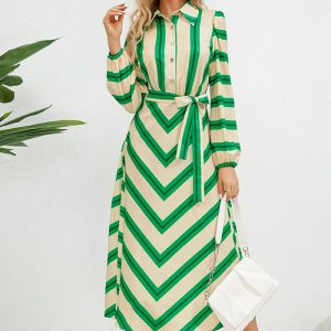 This Autumn Winter Fashion Slim Chic Button Cardigan Striped Shirt Dress Women's Clothes Design Made Of High Quality Polyster And Spandex Material. It Is Stretchy