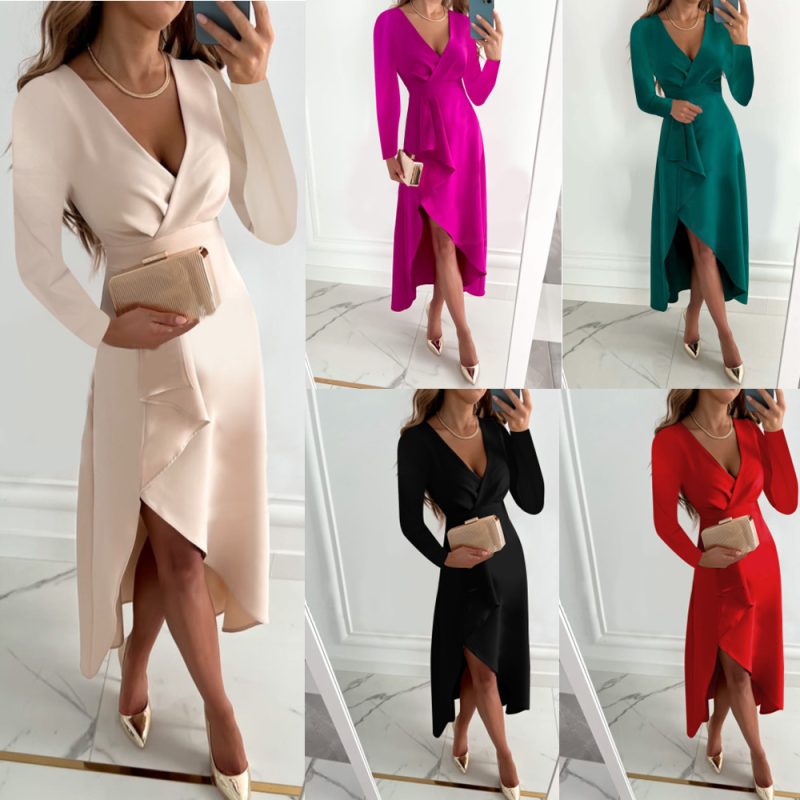 This Autumn Winter Long Sleeve v Neck Gathered Hem Slit Dress Design Made Of High Quality Polyster And Spandex Material