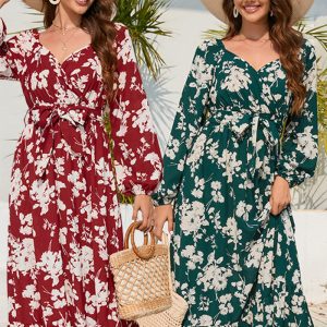 This Autumn Winter Slim Chic Lantern Sleeve Belt Floral Dress Design Made Of High Quality Polyster And Spandex Material