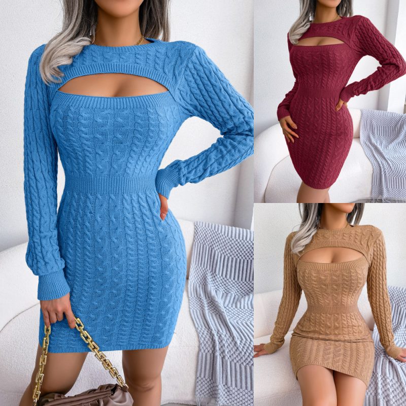 This Autumn Winter Women's Sexy Keyhole Long Sleeve Slim Waist Bodycon Sweater Dress Combine The Warm And Fashion. It Is a Must-Have Item For This Winter. Sweater Dresses For Women At Global Lover Comes For Different Occasions - Daily Life