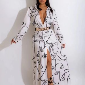 This Autumn Women Loose Long Sleeve Face Print Casual Long Shirt Dress Design Made Of High Quality Polyster And Spandex Material. It Is Stretchy